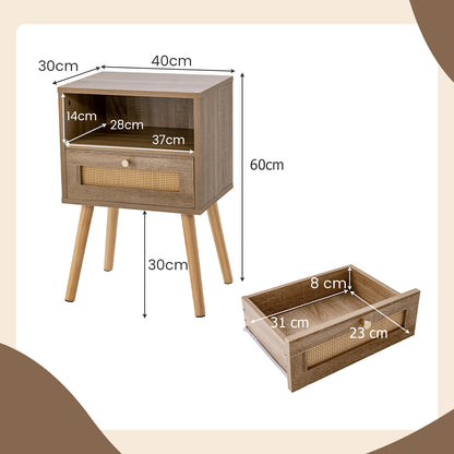 Rattan Nightstand Set of 2 with Rattan Drawer and Open Shelf-Natural