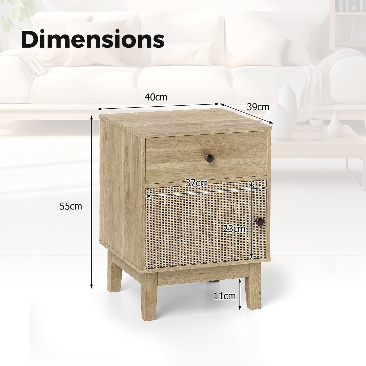 Rattan Nightstand with Storage Drawer and Cabinet-Natural