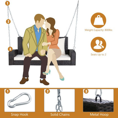 2-Seat Patio Rattan Porch Swing with Two Solid Steel Chains-White