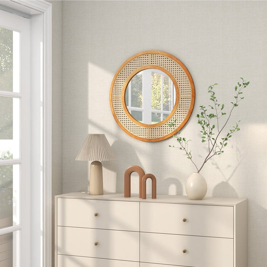 Rattan Round Wall Mirror with Aluminum Glass and Metal Hook -Natural