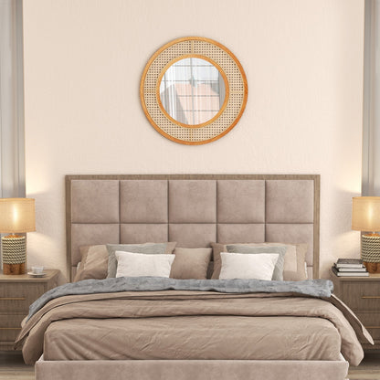 Rattan Round Wall Mirror with Aluminum Glass and Metal Hook -Natural