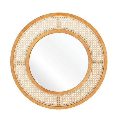 Rattan Round Wall Mirror with Aluminum Glass and Metal Hook -Natural
