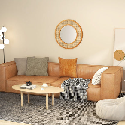 Rattan Round Wall Mirror with Aluminum Glass and Metal Hook -Natural