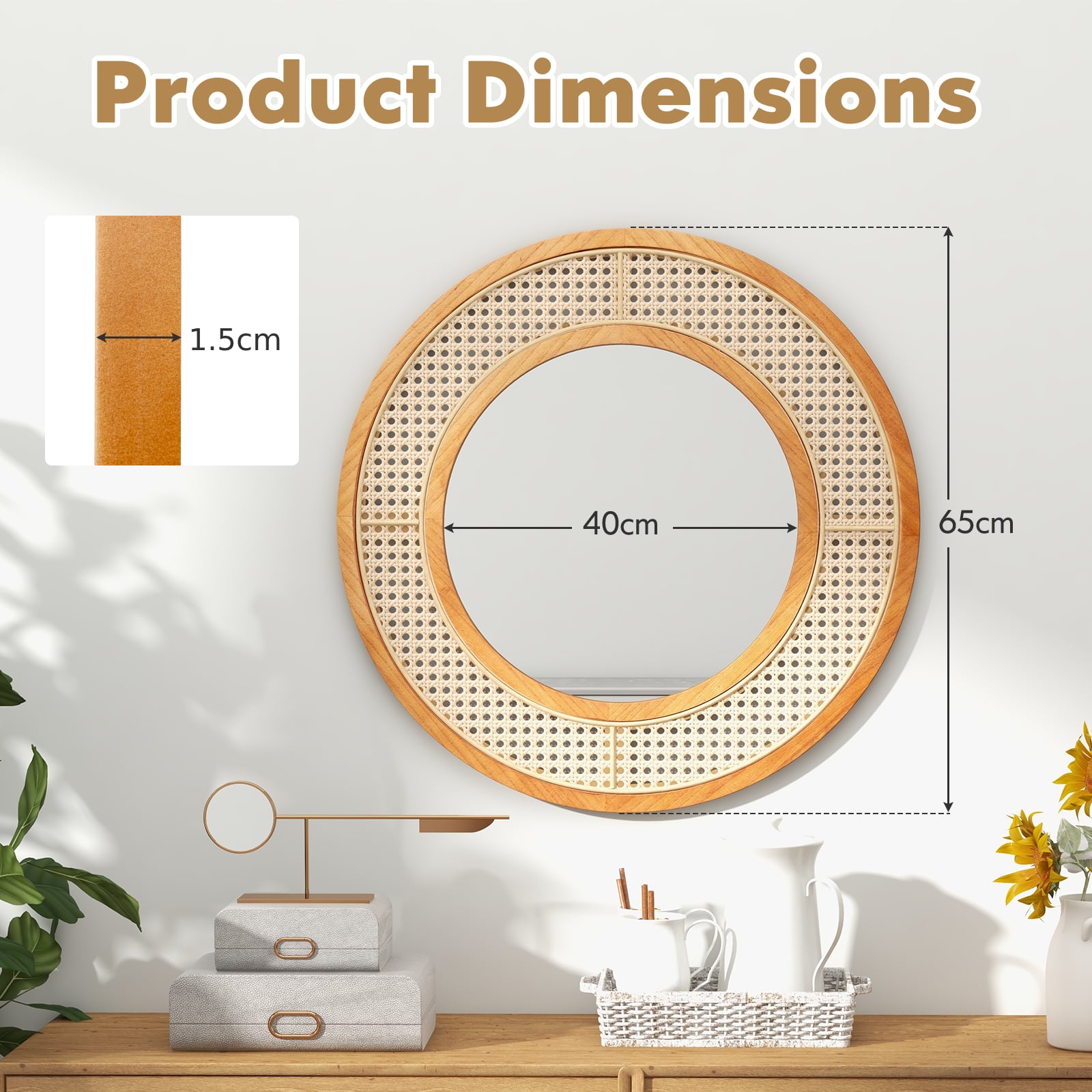 Rattan Round Wall Mirror with Aluminum Glass and Metal Hook -Natural
