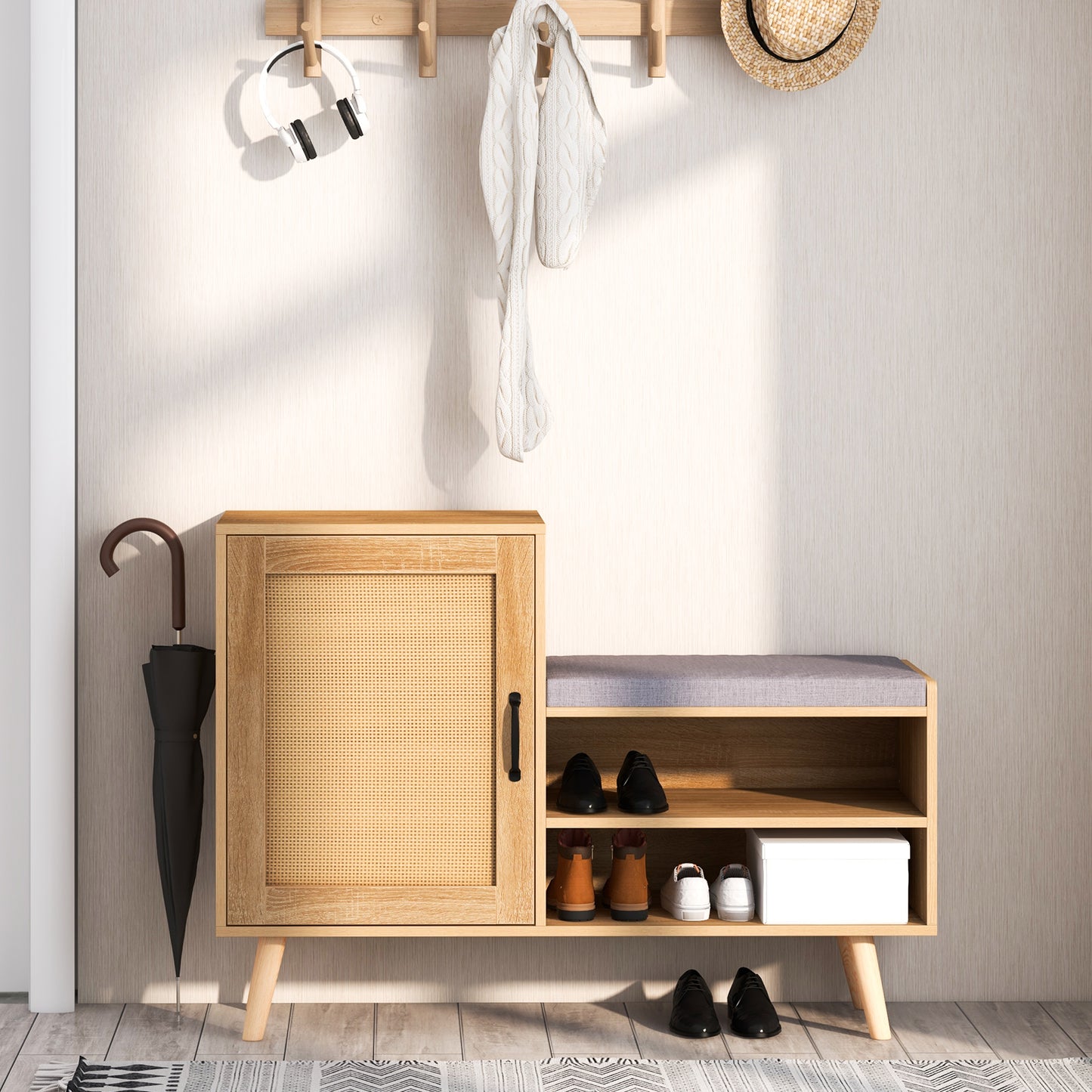2-in-1 Rattan Shoe Cabinet with Bench and 3 Adjustable Shelves-Natural