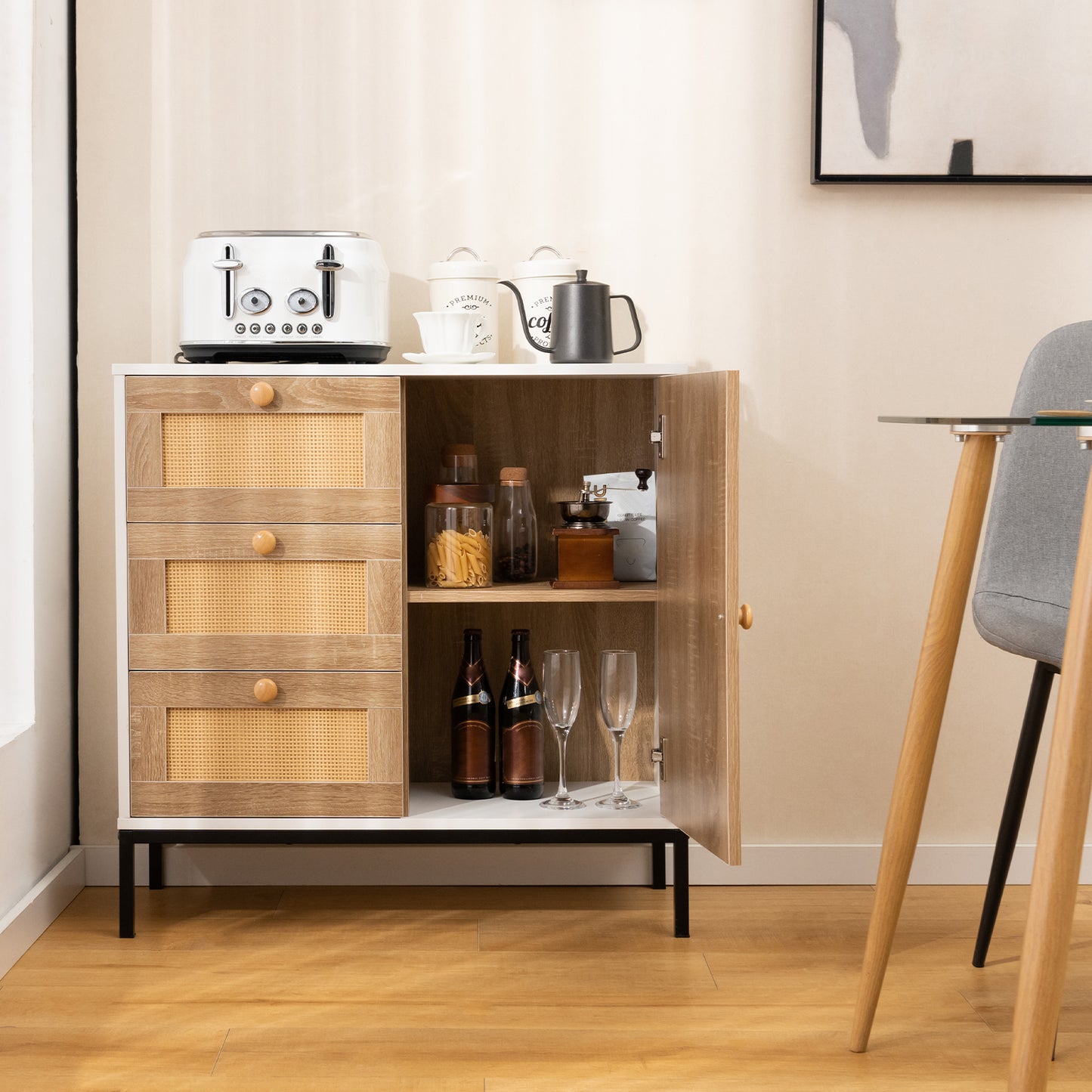 Rattan Sideboard Buffet Cabinet with 1 Door and 3 Drawers-White