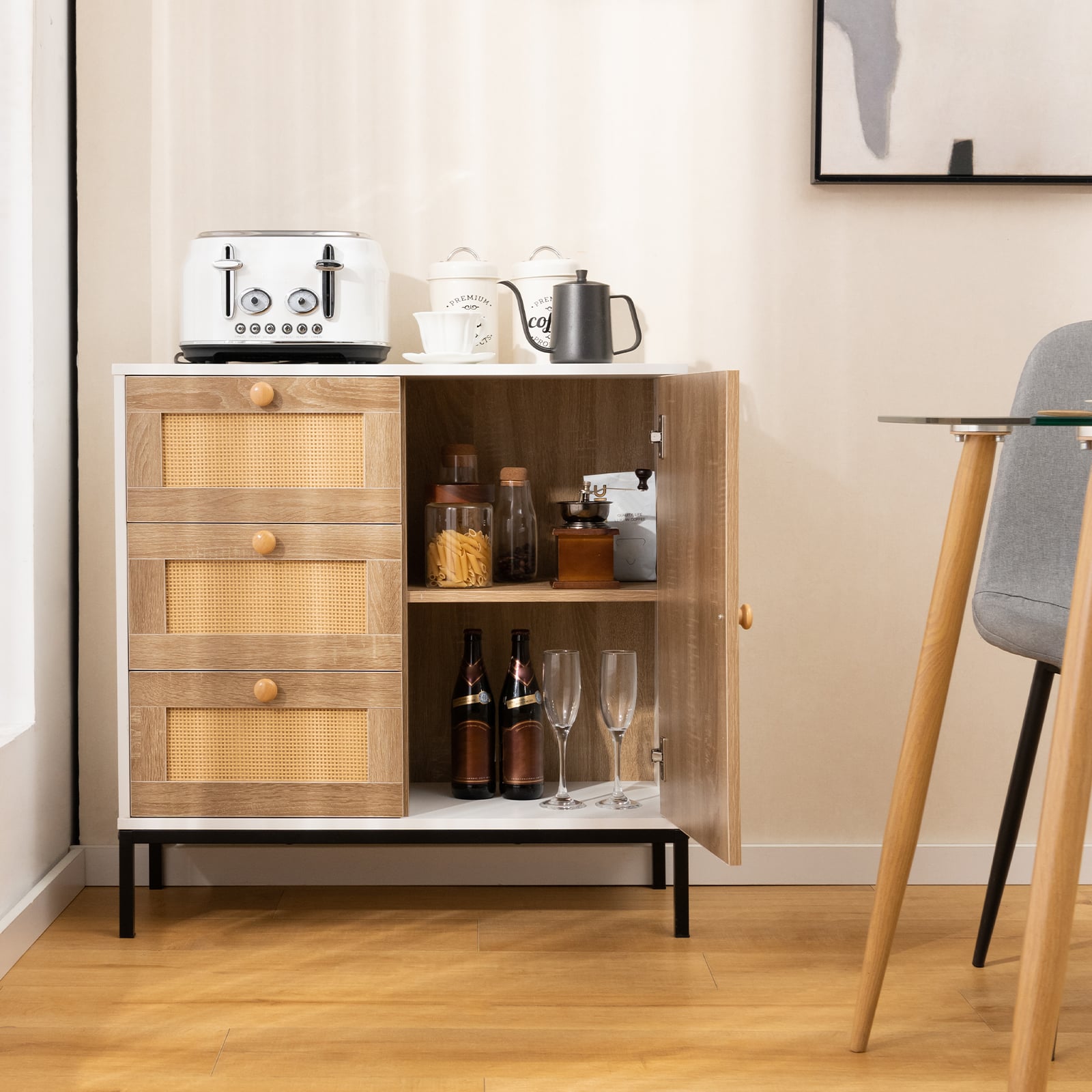 Rattan Sideboard Buffet Cabinet with 1 Door and 3 Drawers-White