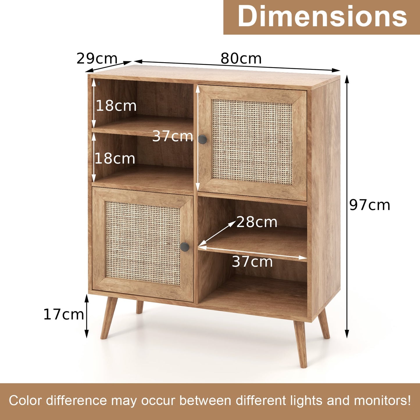 Rattan Sideboard Buffet Cabinet with 4 Cubbies and 2 Rattan-decorated Doors-Brown