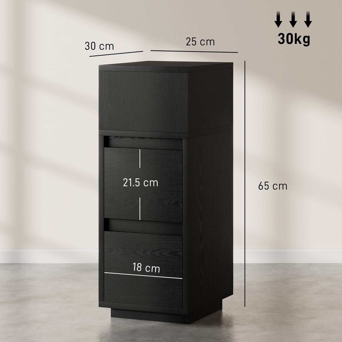 HOMCOM Slim Bedside Table, Narrow Bedside Cabinet with Open Shelf and 2 Drawers for Bedroom, Living Room, Black