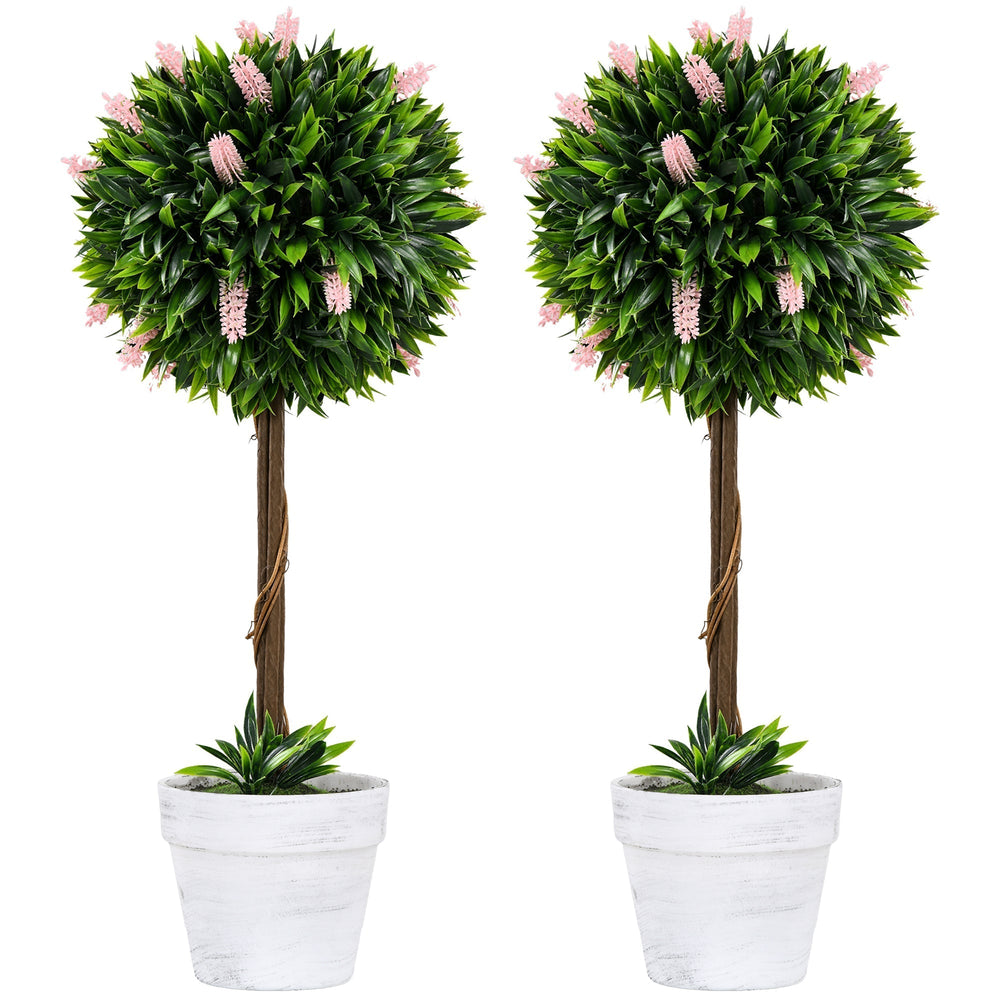 HOMCOM Set of 2 Decorative Artificial Plants Ball Trees with Flower for Home Indoor Outdoor Decor, 60cm,Pink