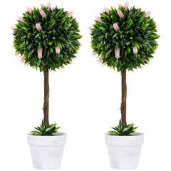 HOMCOM Set of 2 Decorative Artificial Plants Ball Trees with Flower for Home Indoor Outdoor Decor, 60cm,Pink