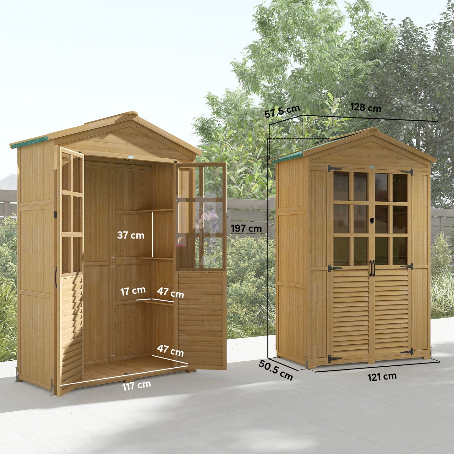 Outsunny Outdoor Wooden Storage Cabinet, Garden Tool Shed with Acrylic Windows for Patio, Light Brown