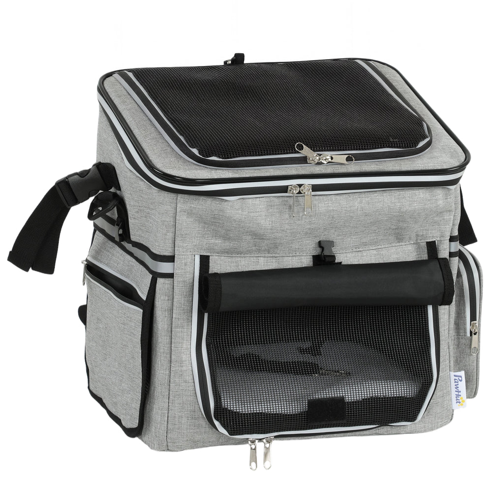 PawHut Dog Bike Basket, Soft-Sided Pet Carrier with Security Leash, Mesh Door & Window, Plush Cushion, Bowl, Light Grey
