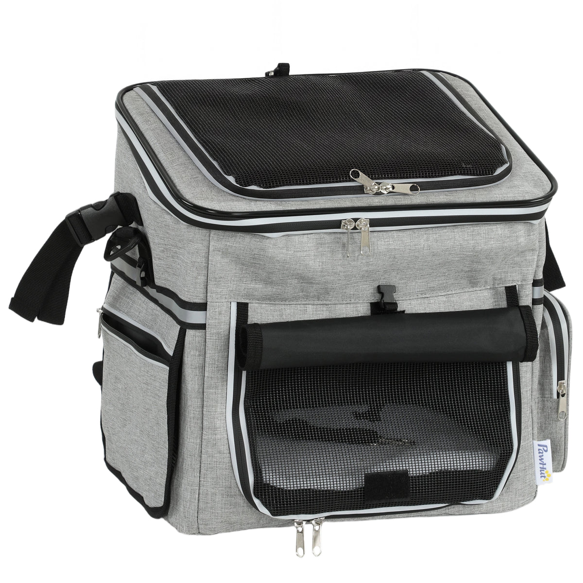 PawHut Dog Bike Basket, Soft-Sided Pet Carrier with Security Leash, Mesh Door & Window, Plush Cushion, Bowl, Light Grey