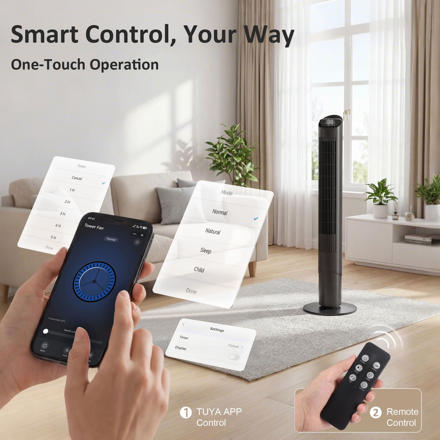 HOMCOM Tower Fan with WiFi App Control Standing Floor Cooling Fan Remote Control 101.8 cm Black