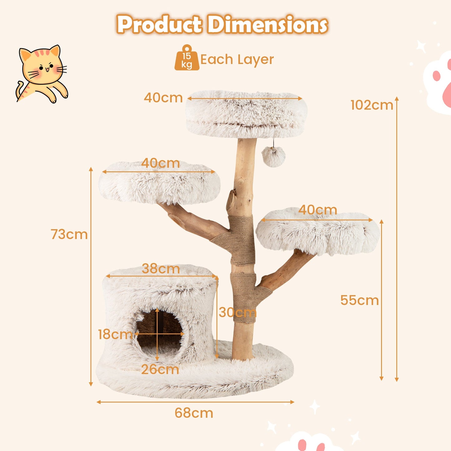 102 CM Tall Real Wood Branch Kitten Tower with Condo and 2 Flower Platforms-White