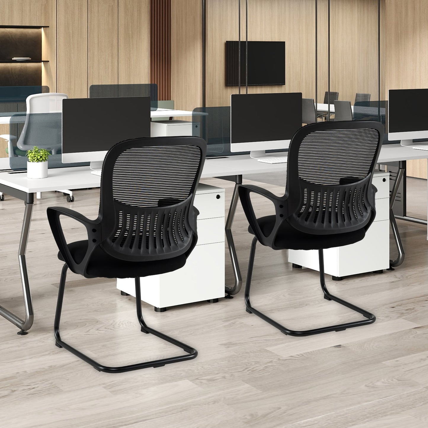 Reception Chairs Set of 4 with Breathable Mesh Back Storage-Black