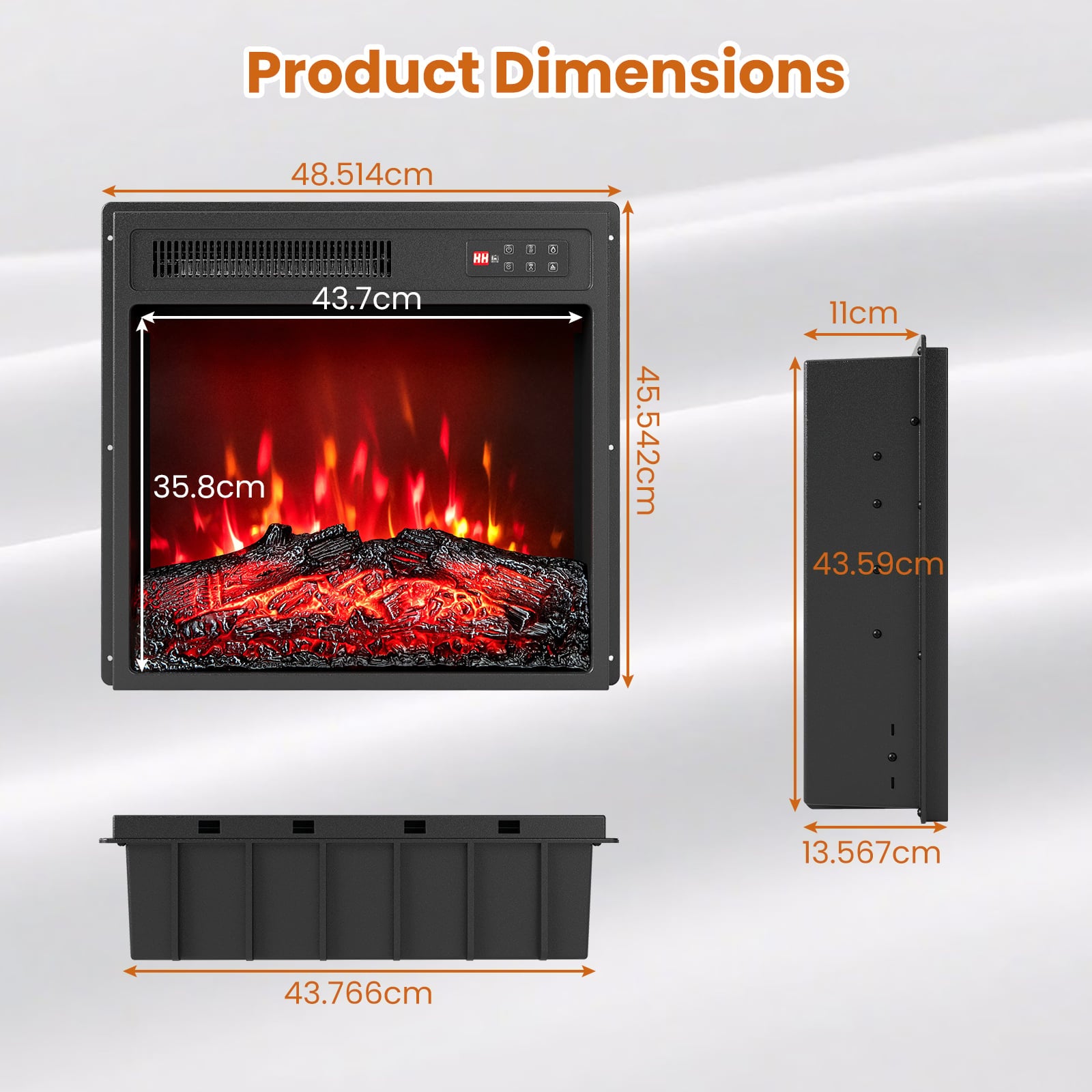 18 Inches Recessed Fireplace Heater with Remote Control and Adjustable Flame Colors