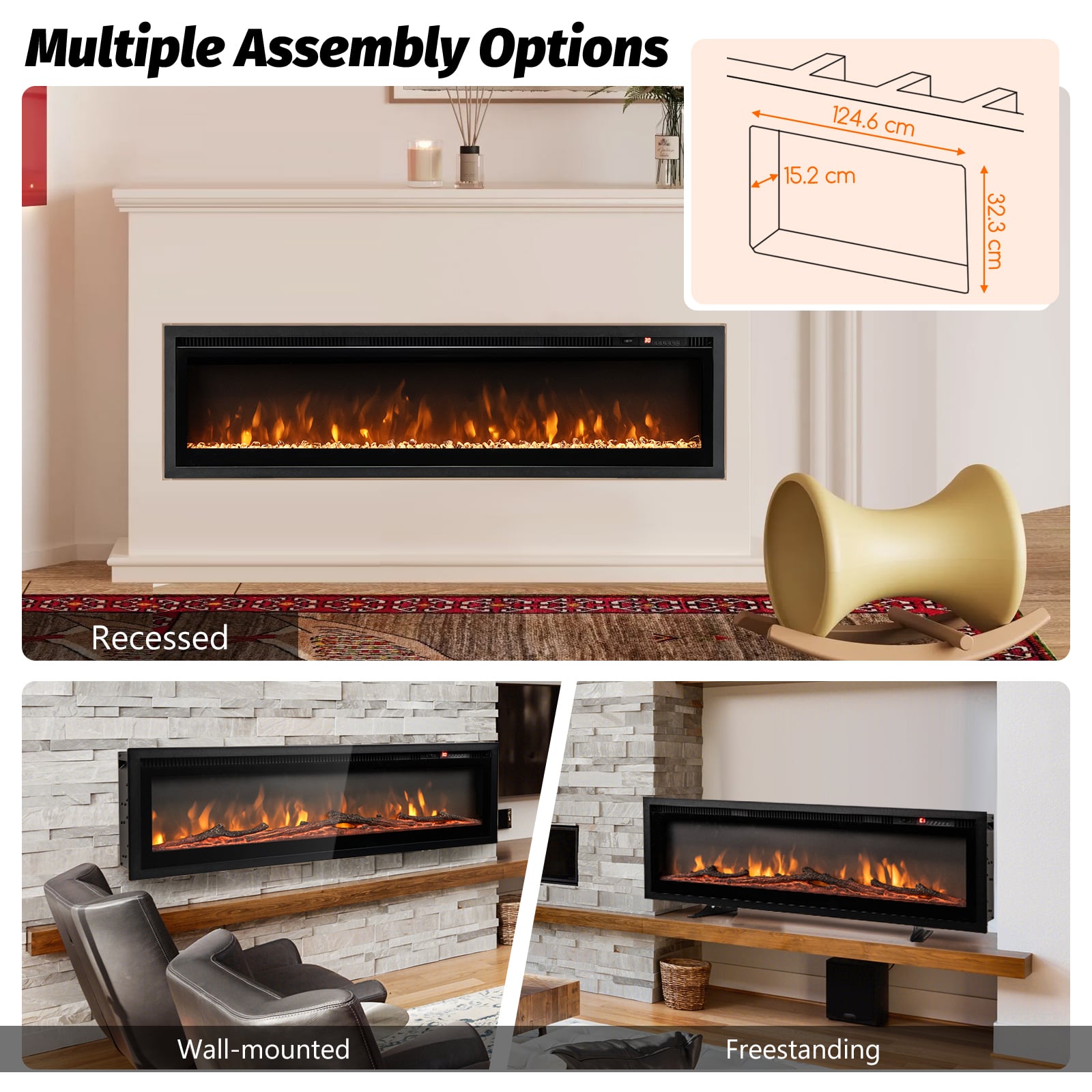 102/127 cm Wall Mounted Recessed Freestanding Electric Fireplace-Size 2