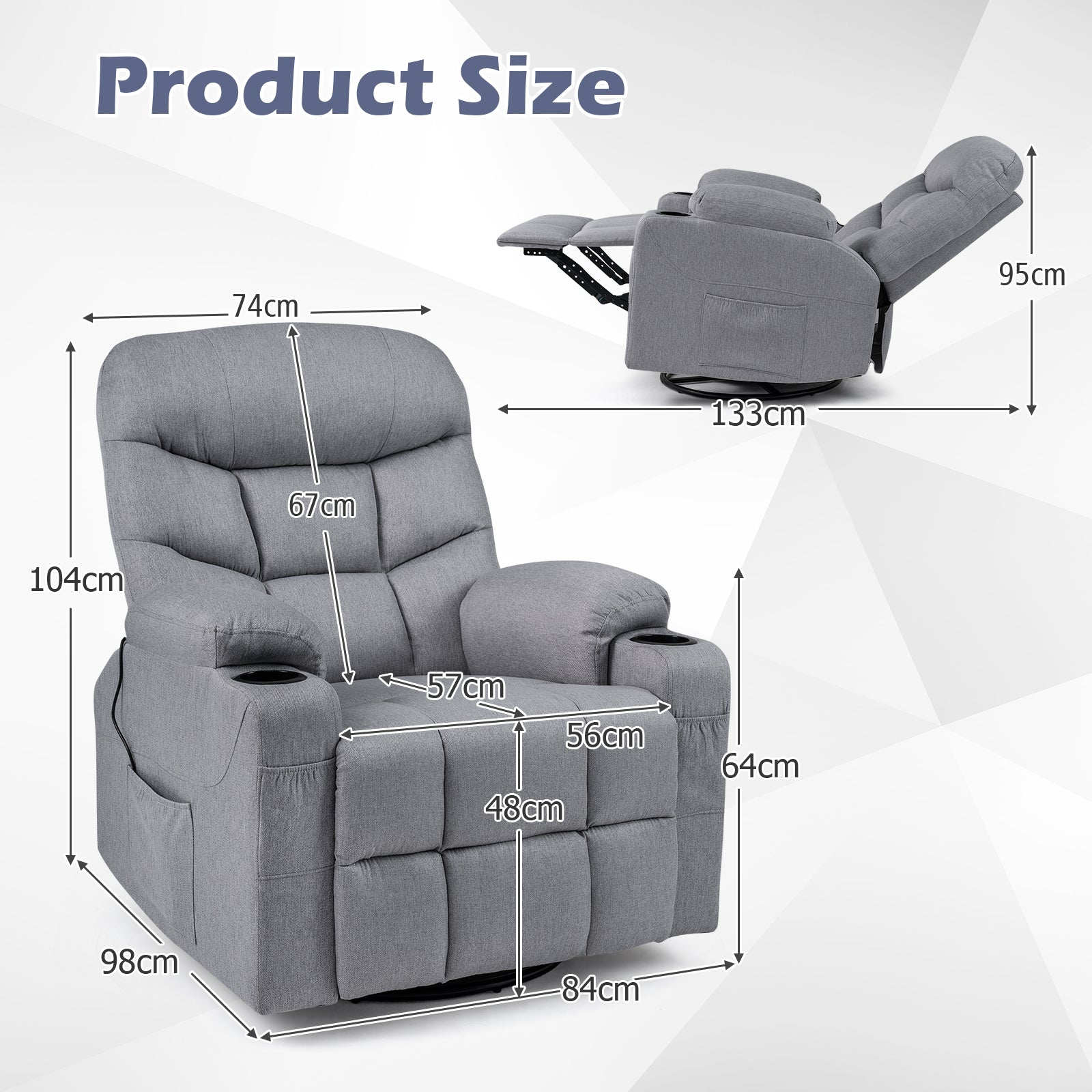 Recliner Chair with Massage and Heat Nursery Rocking Chair with 360° Swivel Function-Grey