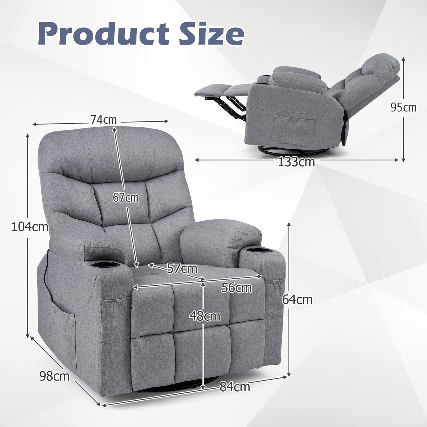 Recliner Chair with Massage and Heat Nursery Rocking Chair with 360° Swivel Function-Grey