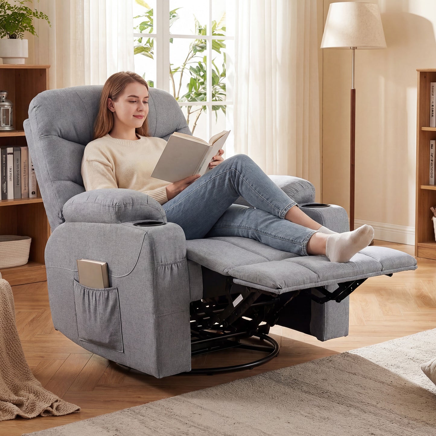 Recliner Chair with Massage and Heat Nursery Rocking Chair with 360° Swivel Function-Grey