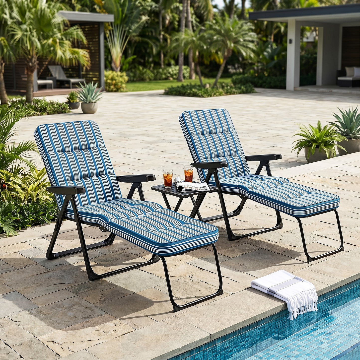 Reclining Relaxer Chair with Thick Padded Cushion for Patio-Blue