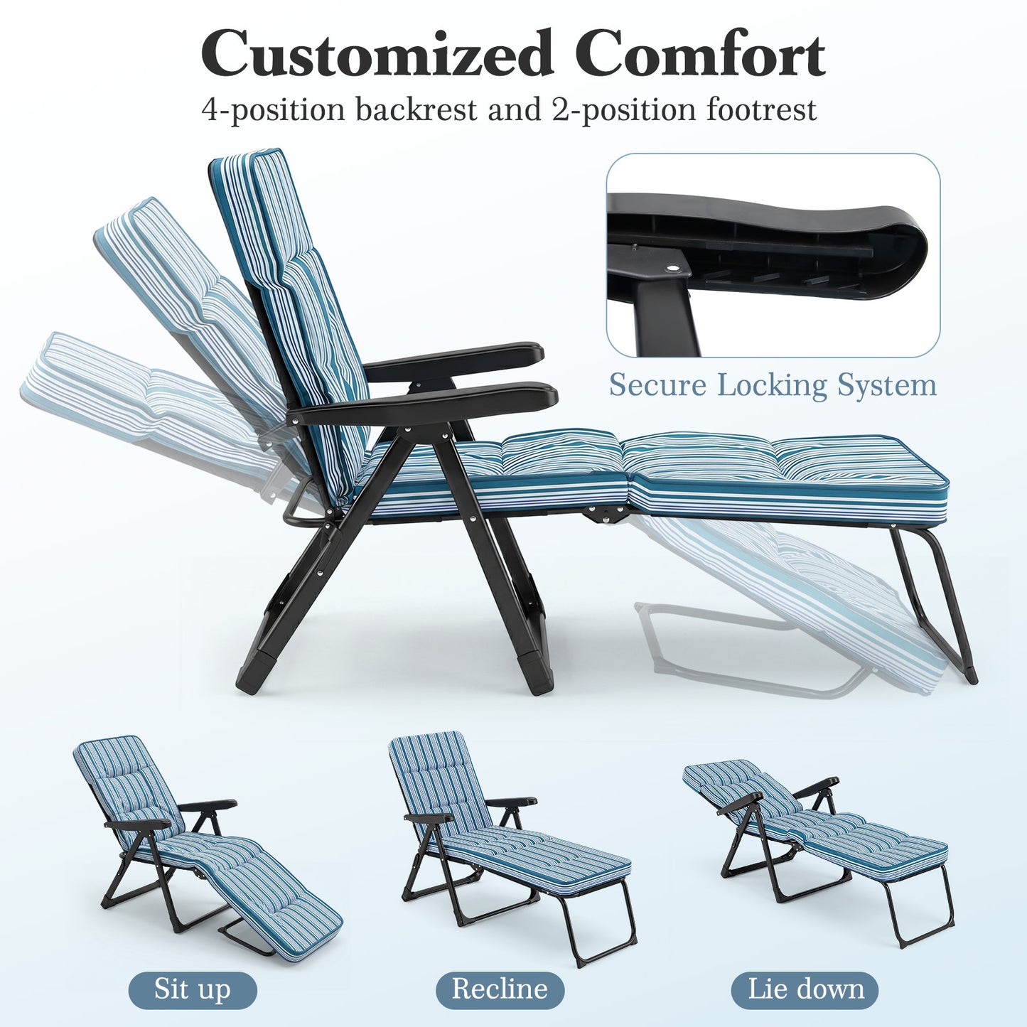Reclining Relaxer Chair with Thick Padded Cushion for Patio-Blue