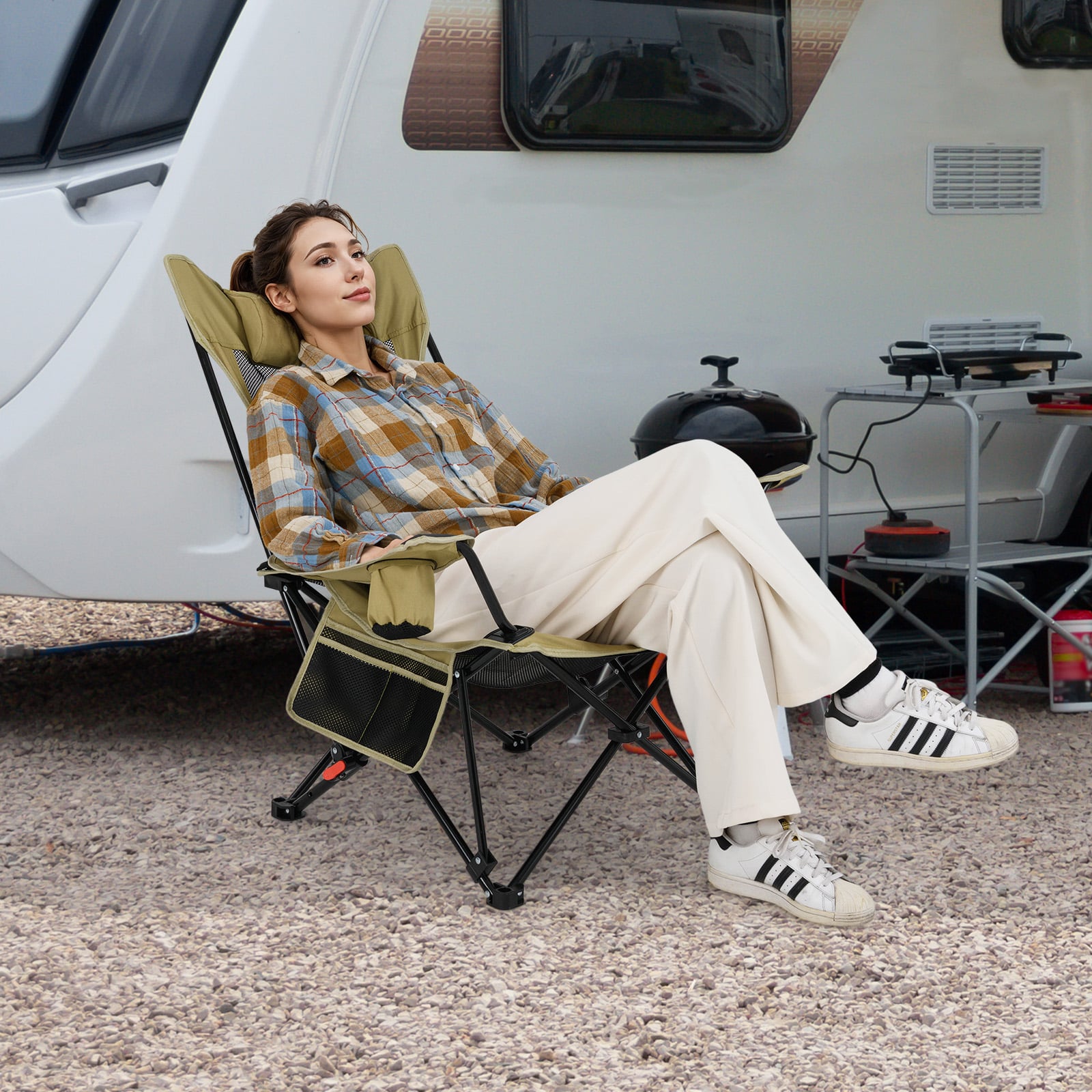 Reclining Camping Chair with Removable Footrest for Hiking Fishing-Green