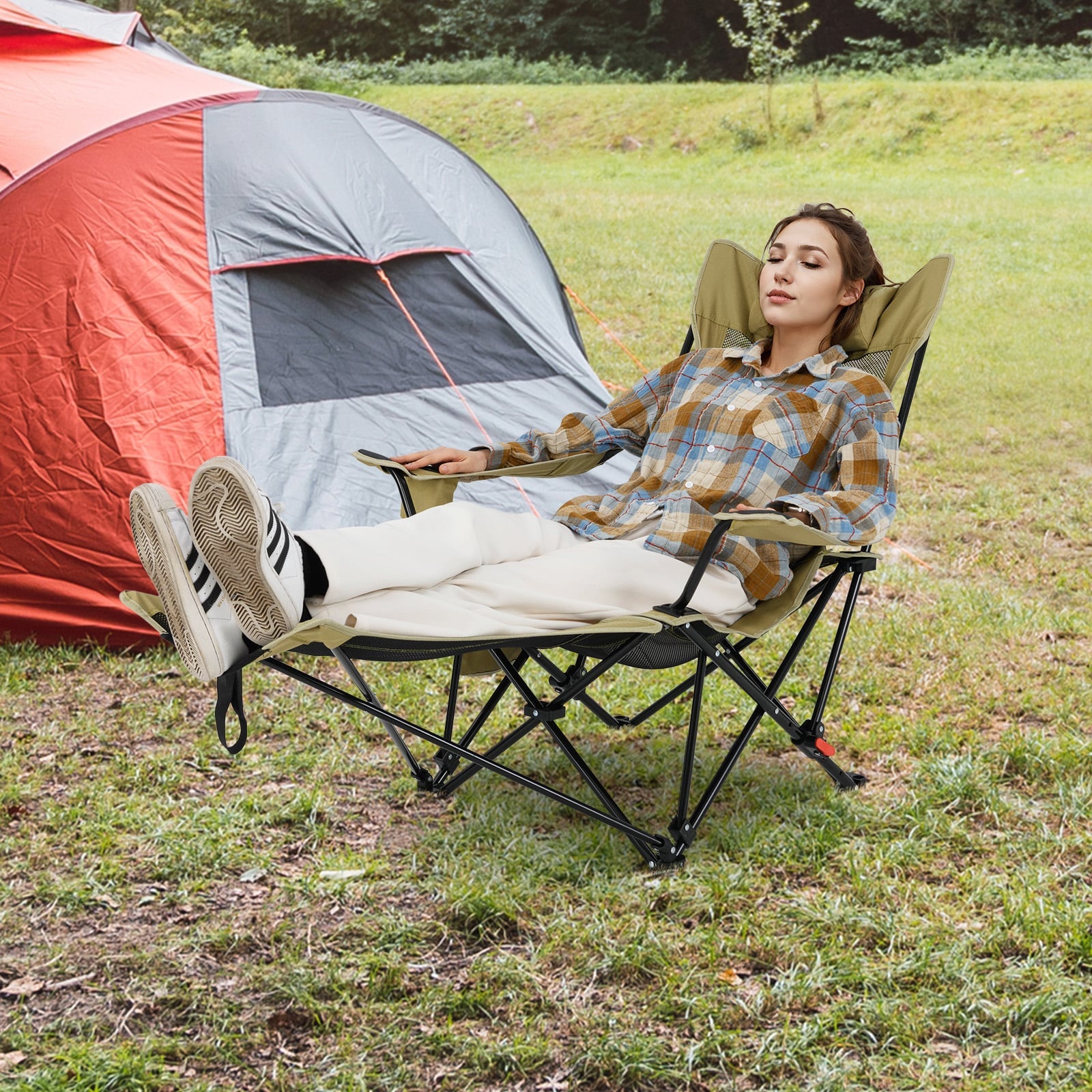 Reclining Camping Chair with Removable Footrest for Hiking Fishing-Green