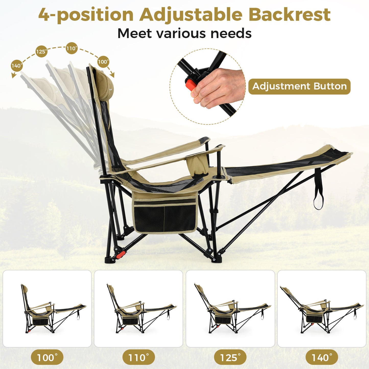 Reclining Camping Chair with Removable Footrest for Hiking Fishing-Green