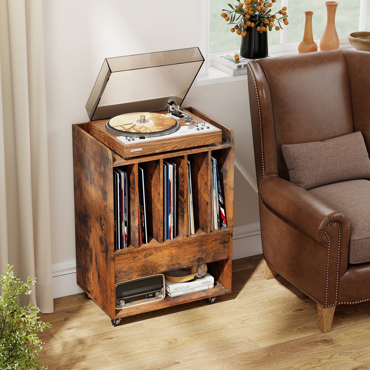 Record Player Stand On Wheels with 5 Compartments for Living Room Bedroom-Brown