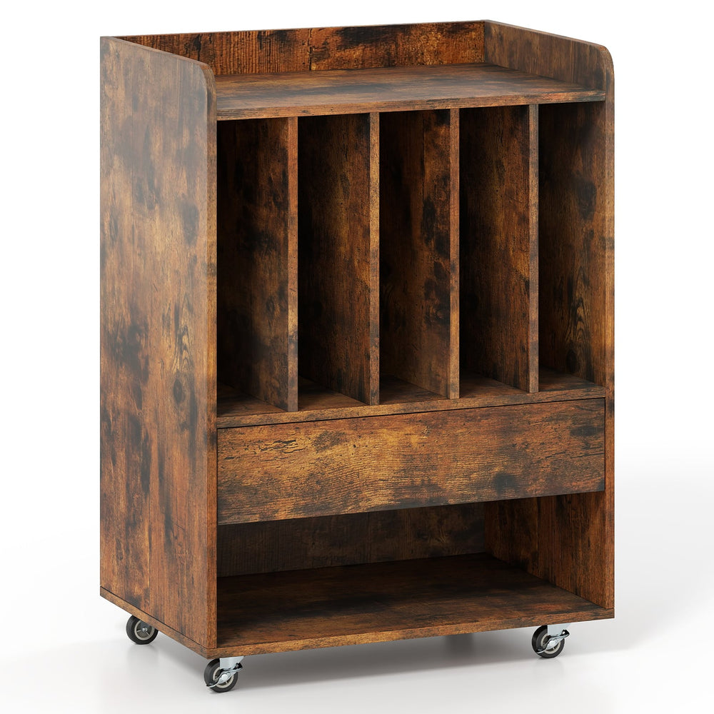 Record Player Stand On Wheels with 5 Compartments for Living Room Bedroom-Brown