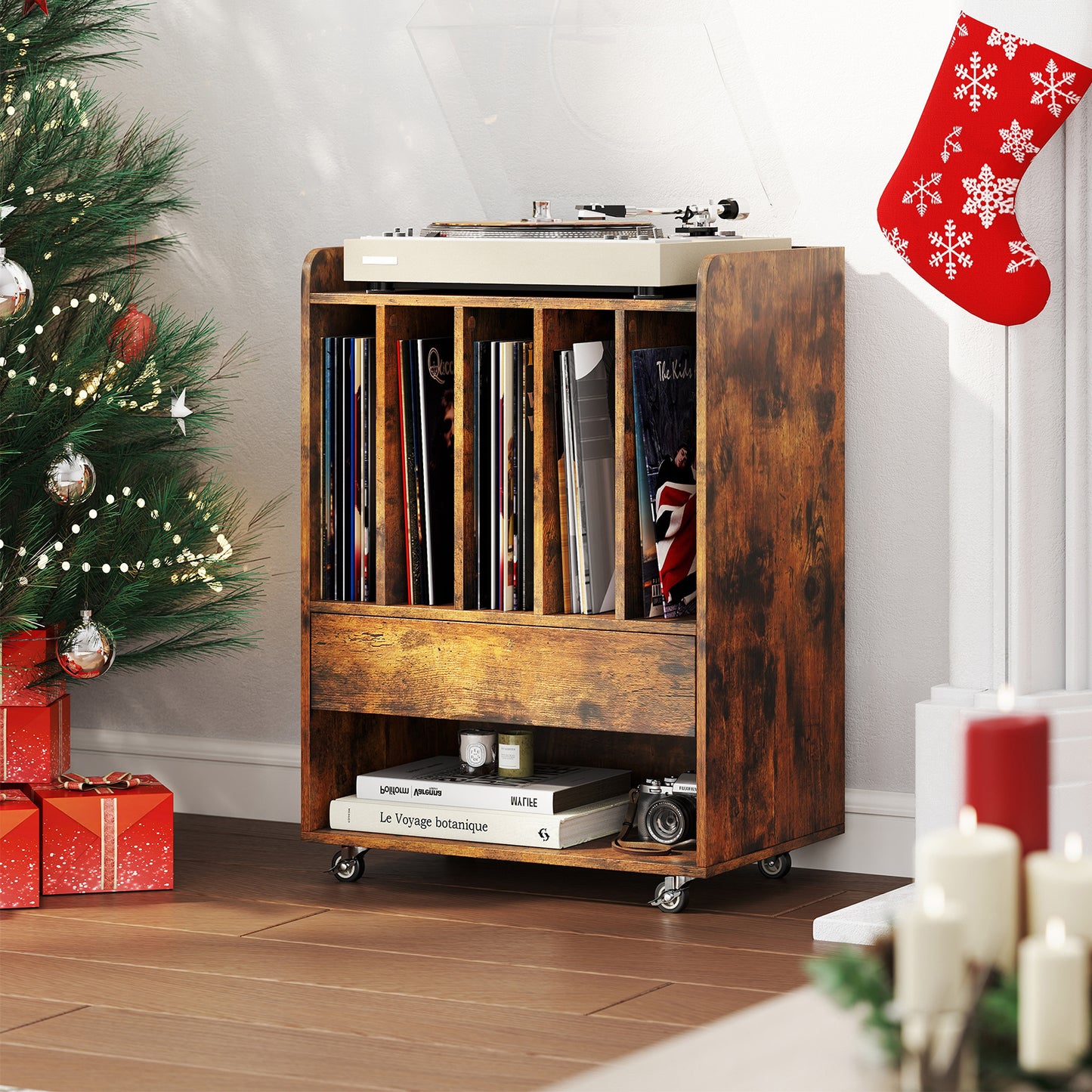 Record Player Stand On Wheels with 5 Compartments for Living Room Bedroom-Brown