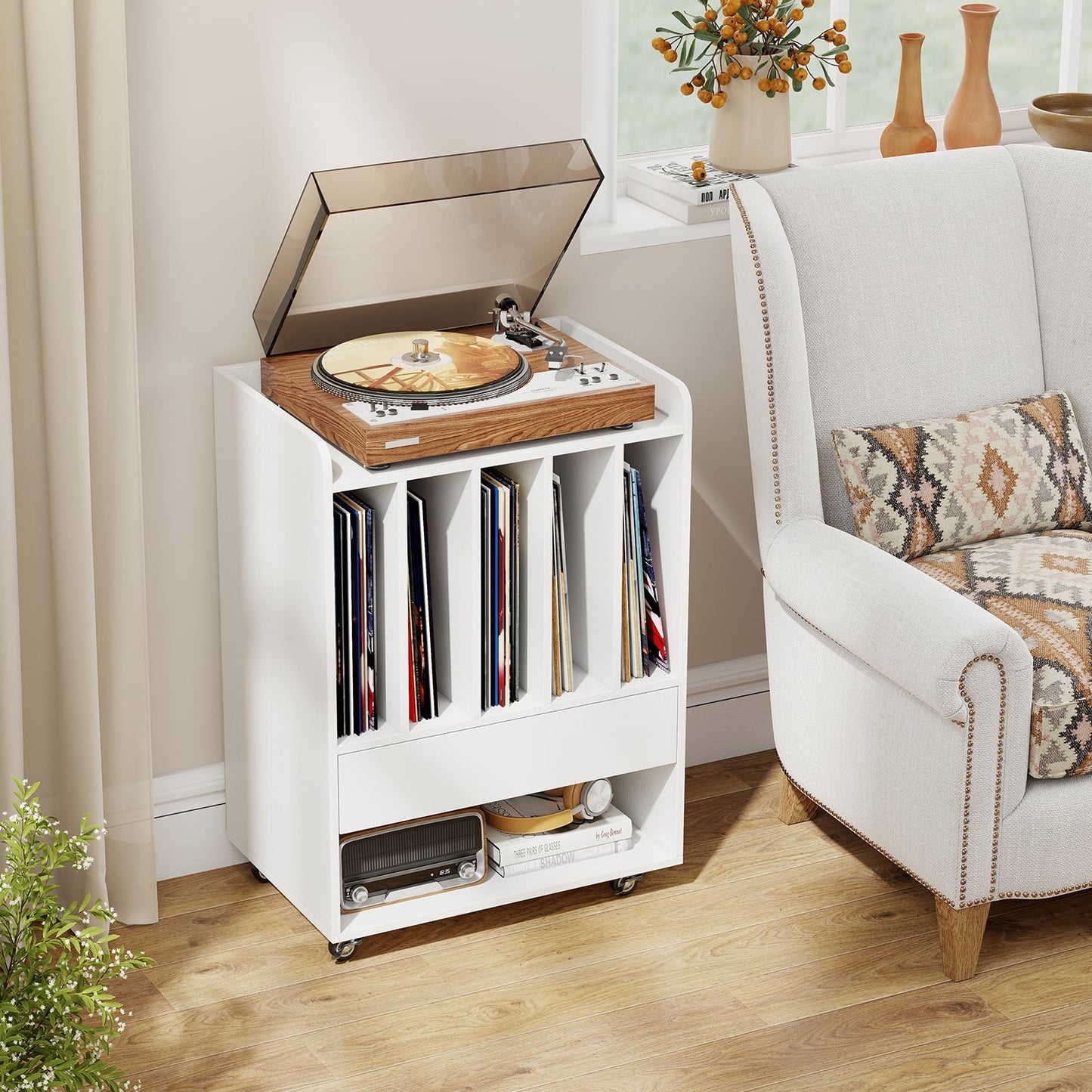 Record Player Stand On Wheels with 5 Compartments for Living Room Bedroom-White