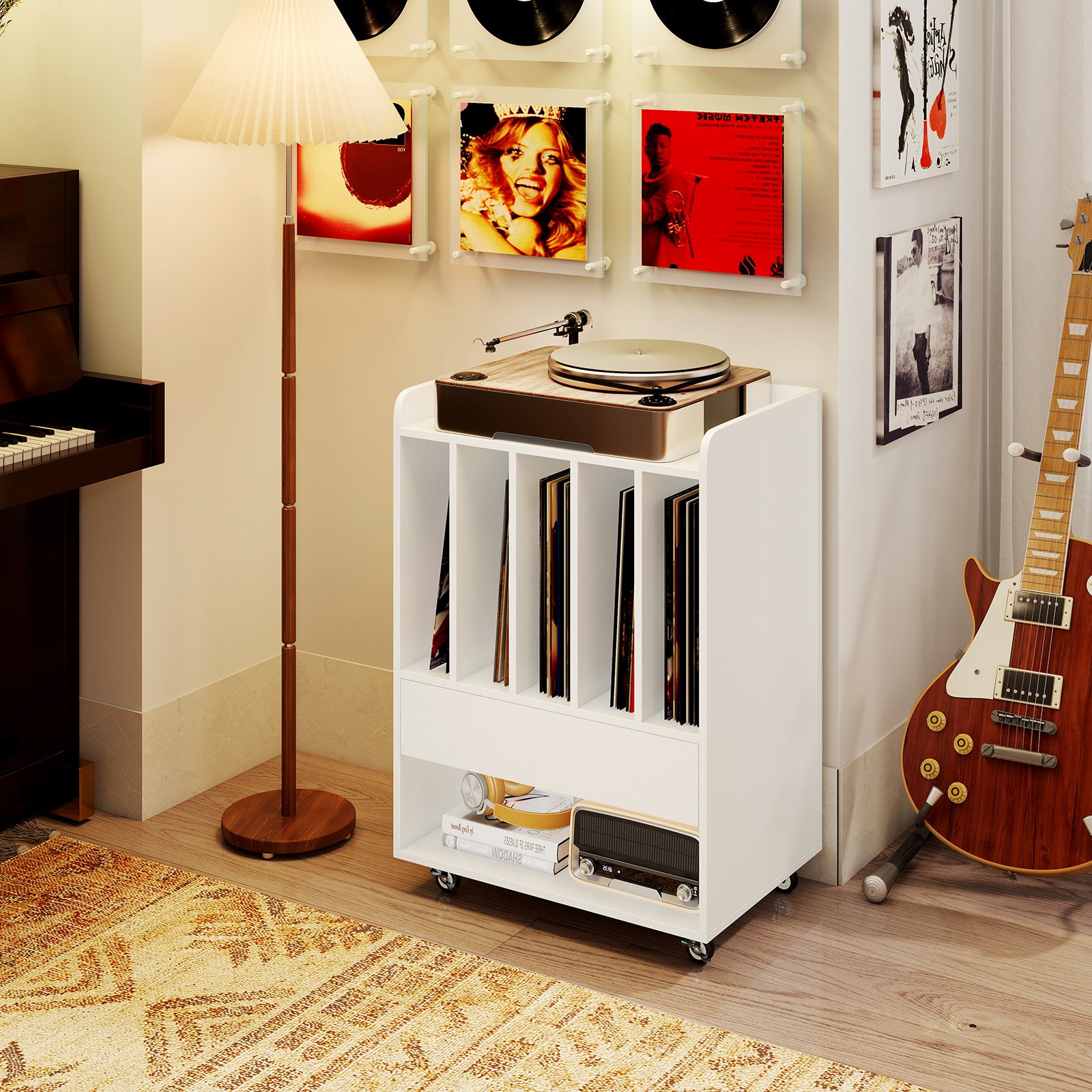 Record Player Stand On Wheels with 5 Compartments for Living Room Bedroom-White