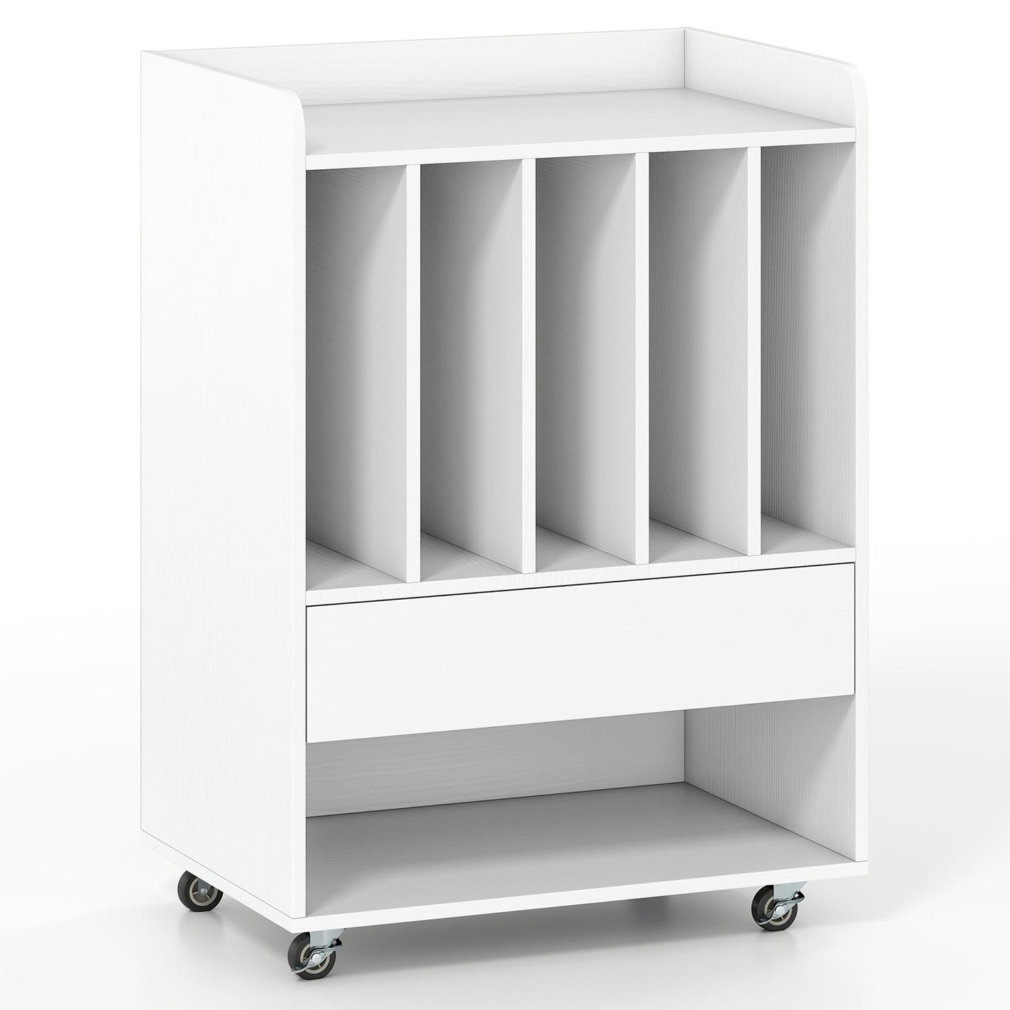Record Player Stand On Wheels with 5 Compartments for Living Room Bedroom-White