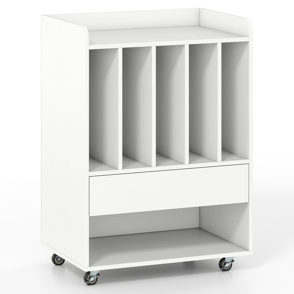 Record Player Stand On Wheels with 5 Compartments for Living Room Bedroom-White