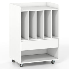 Record Player Stand On Wheels with 5 Compartments for Living Room Bedroom-White
