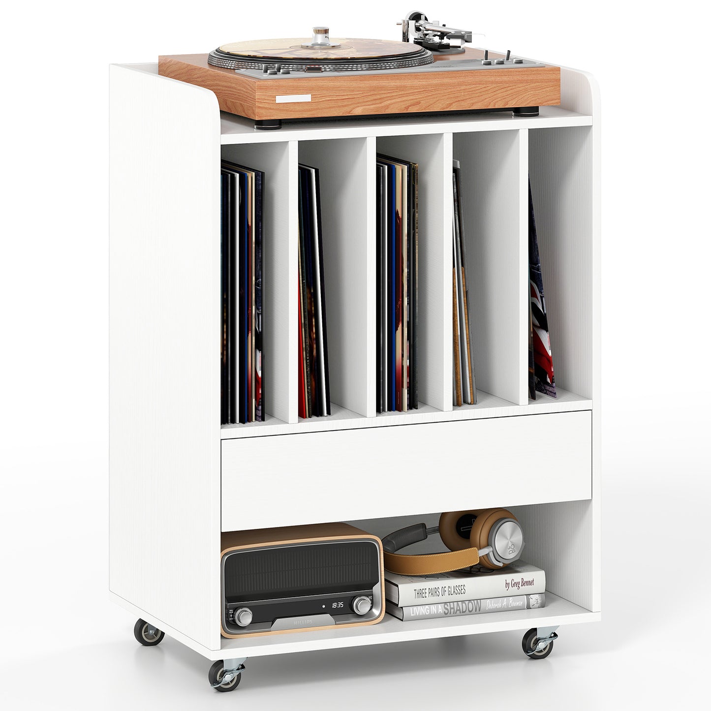 Record Player Stand On Wheels with 5 Compartments for Living Room Bedroom-White