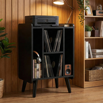 Record Player Stand with 4 Open Shelves Power Outlet USB Charging Port-Black