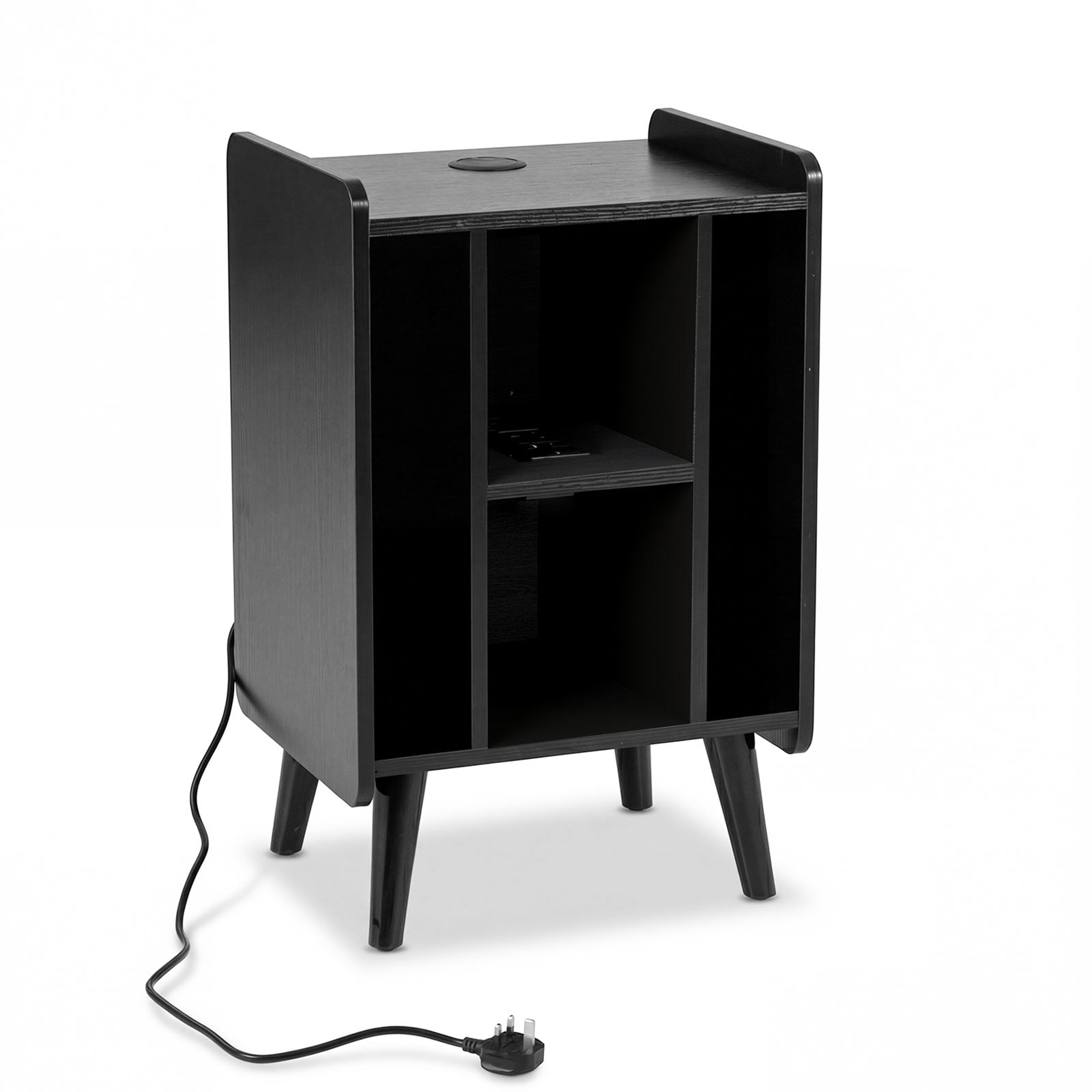 Record Player Stand with 4 Open Shelves Power Outlet USB Charging Port-Black