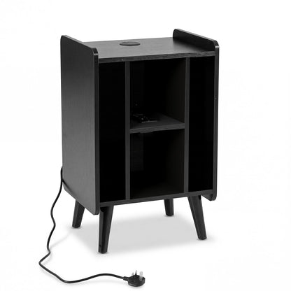 Record Player Stand with 4 Open Shelves Power Outlet USB Charging Port-Black