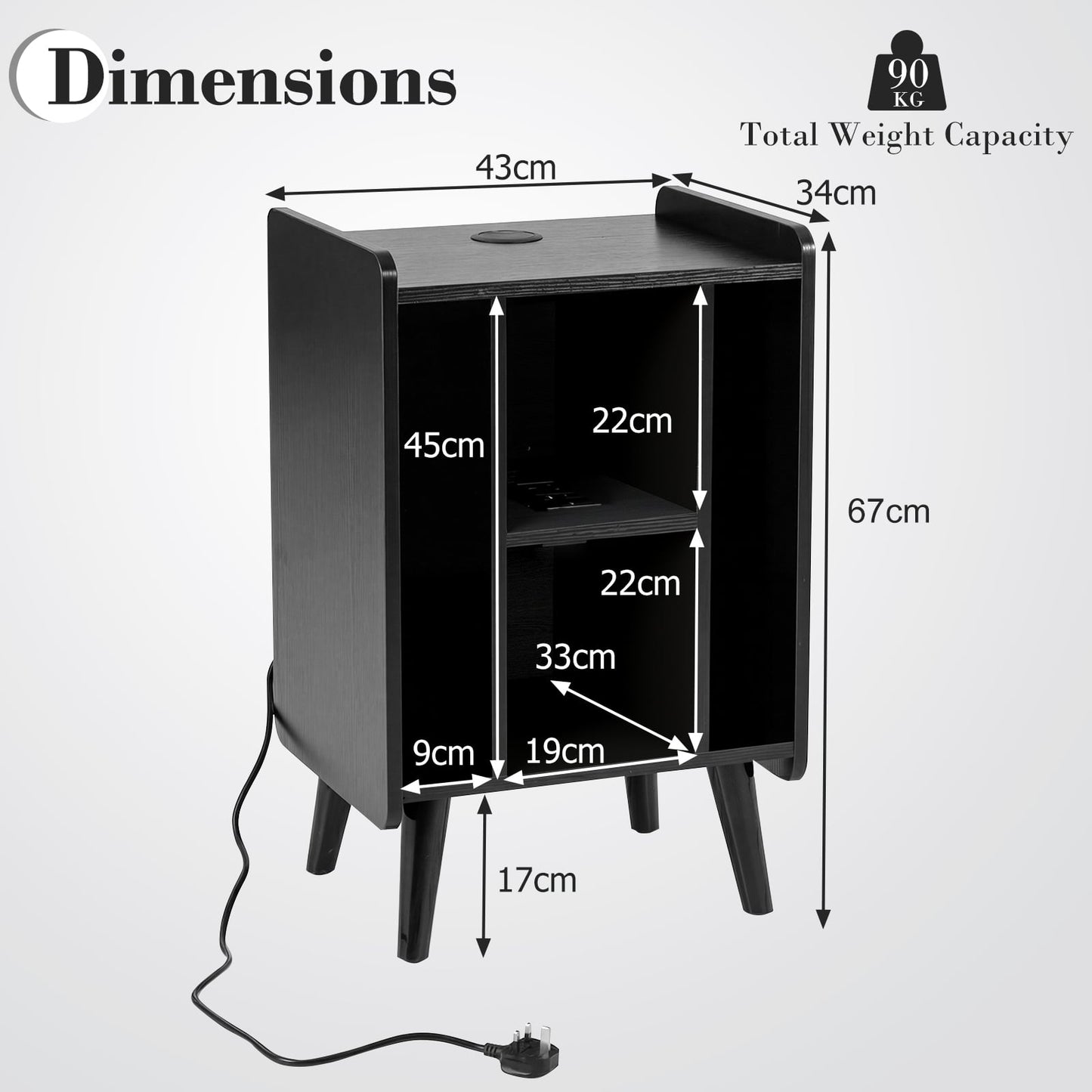 Record Player Stand with 4 Open Shelves Power Outlet USB Charging Port-Black