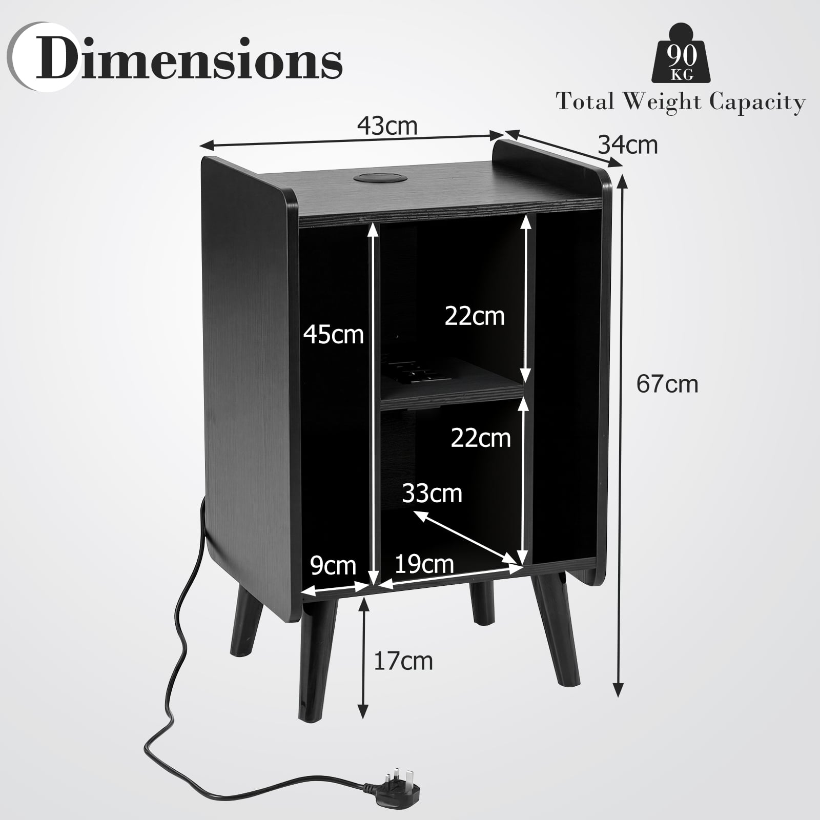 Record Player Stand with 4 Open Shelves Power Outlet USB Charging Port-Black