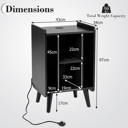 Record Player Stand with 4 Open Shelves Power Outlet USB Charging Port-Black