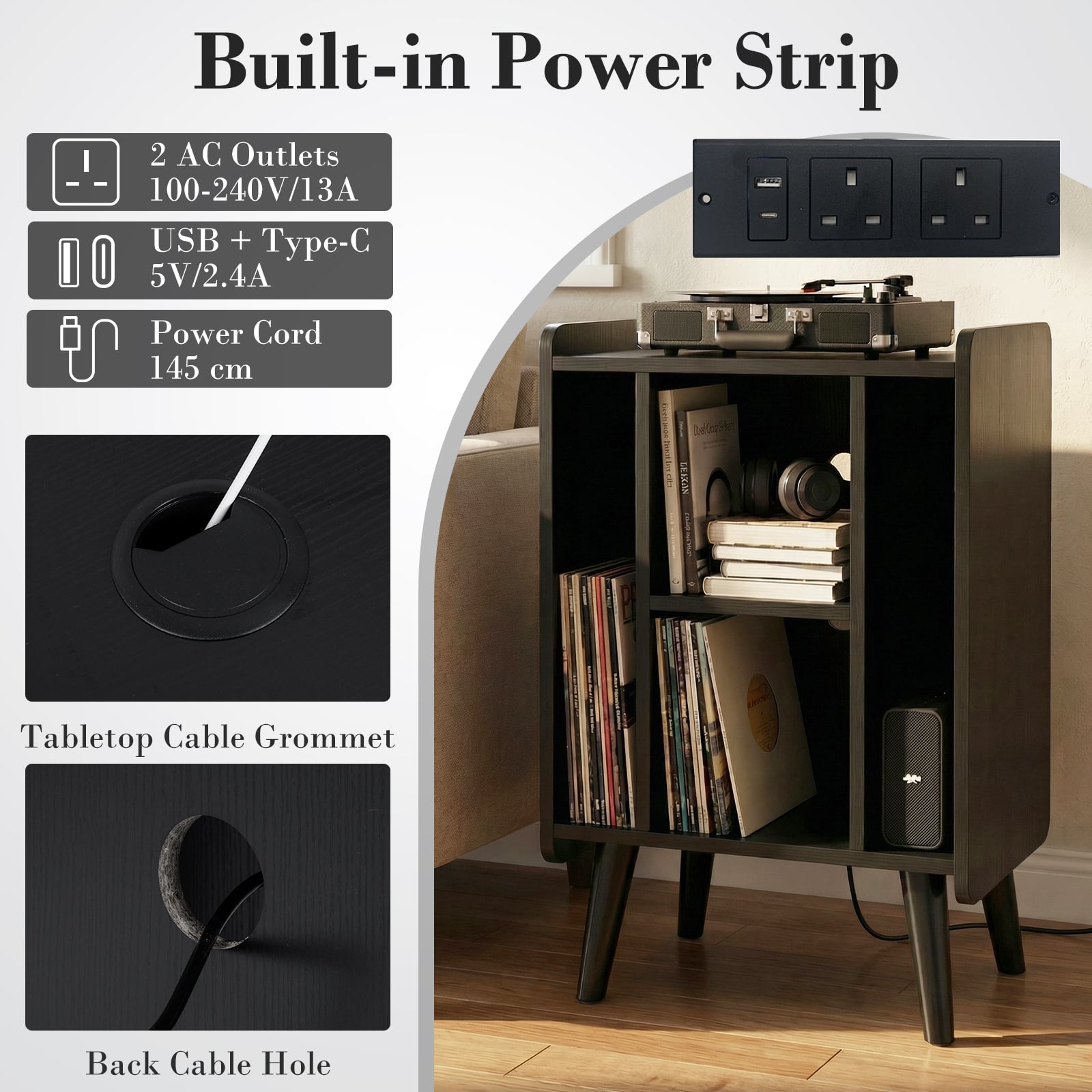 Record Player Stand with 4 Open Shelves Power Outlet USB Charging Port-Black