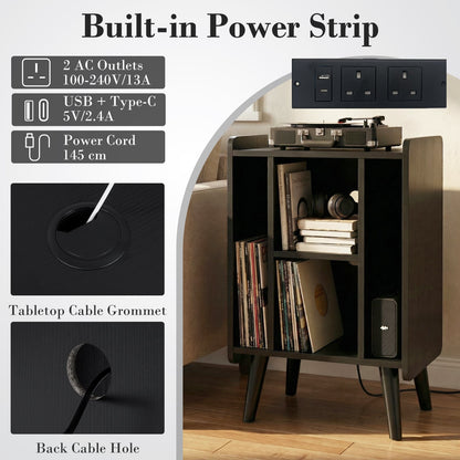 Record Player Stand with 4 Open Shelves Power Outlet USB Charging Port-Black