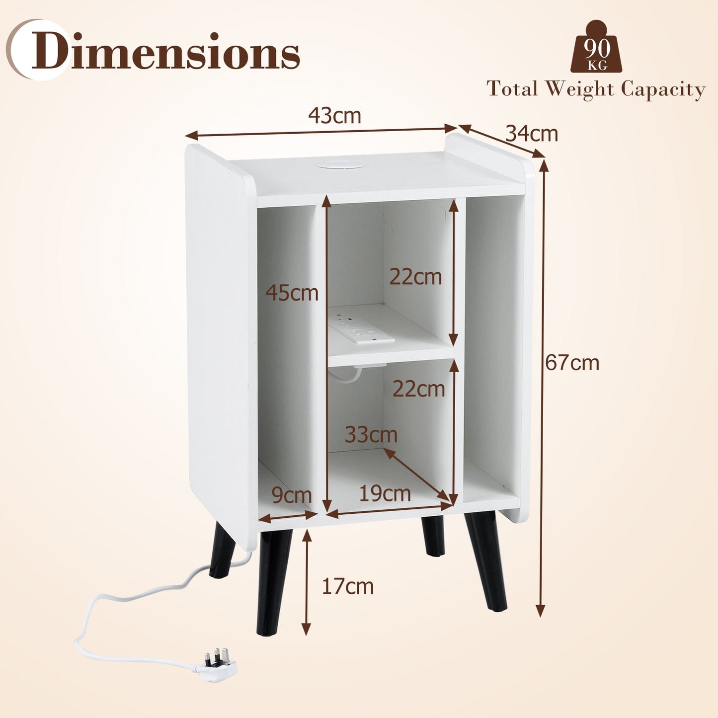 Record Player Stand with 4 Open Shelves Power Outlet USB Charging Port-White