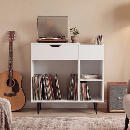 Record Player Stand with Built-In Power Strip and 3 Dividers-White